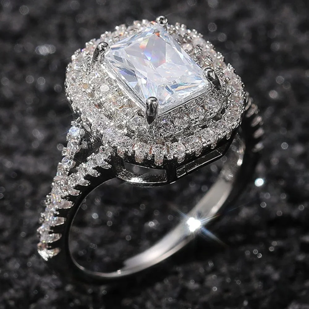 🔥DOUBLE LAYER 14K WHITE GOLD RADIANT CUT PURE CZ LUXURY WEDDING RING, K856